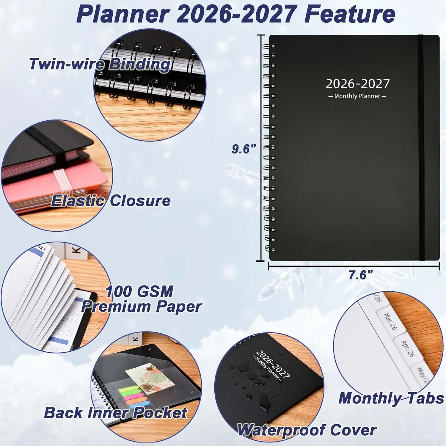 2026-2027 Monthly Planner, 18 Months Calendar with Tabs & Pocket, Black Cover, 7.6x9.6 Inches