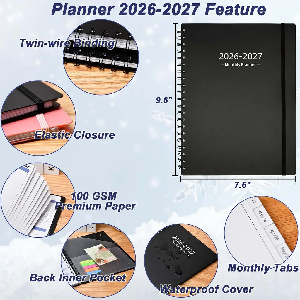 2026-2027 Monthly Planner, 18 Months Calendar with Tabs & Pocket, Black Cover, 7.6x9.6 Inches