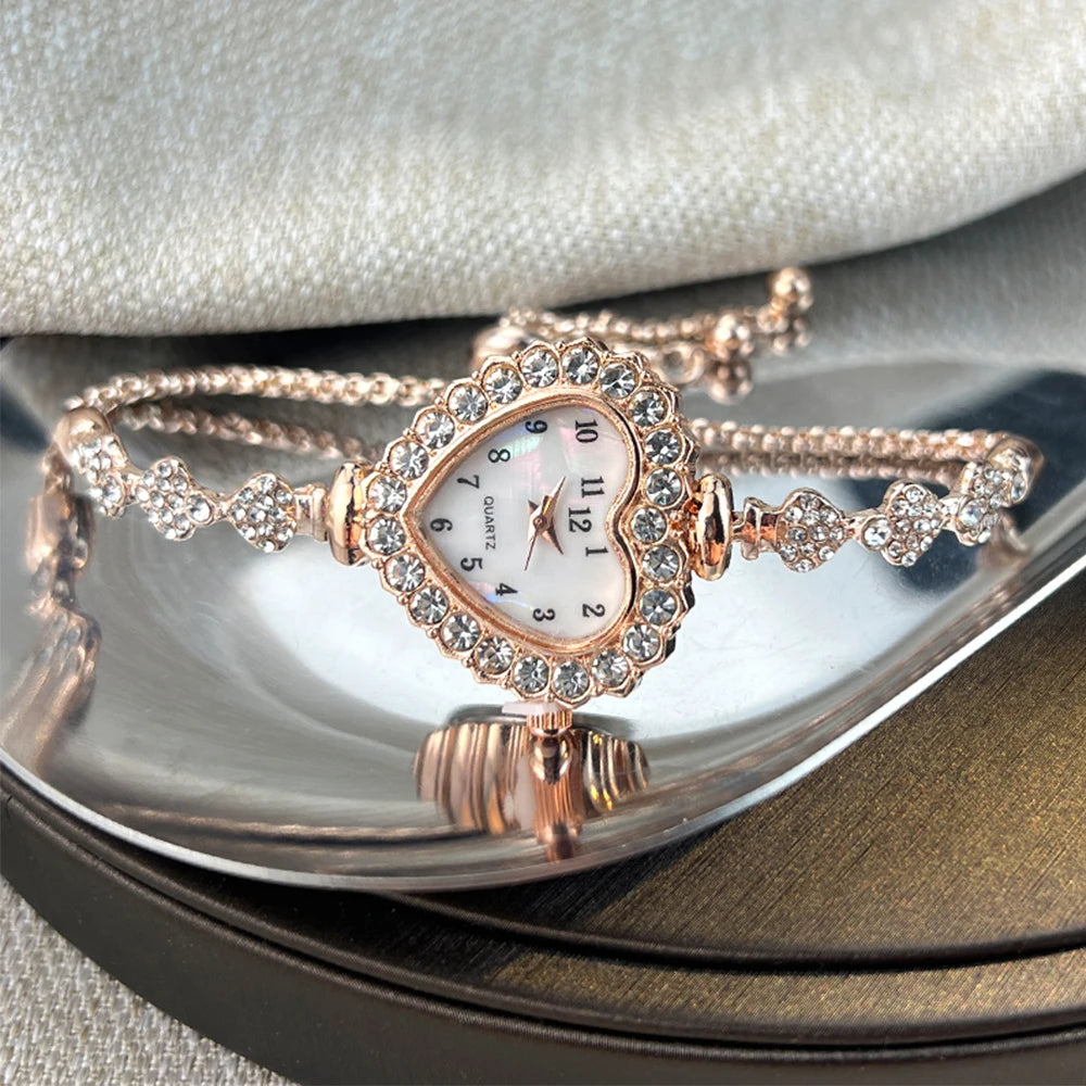 Heart Diamond-Studded Watch with Adjustable Bracelet