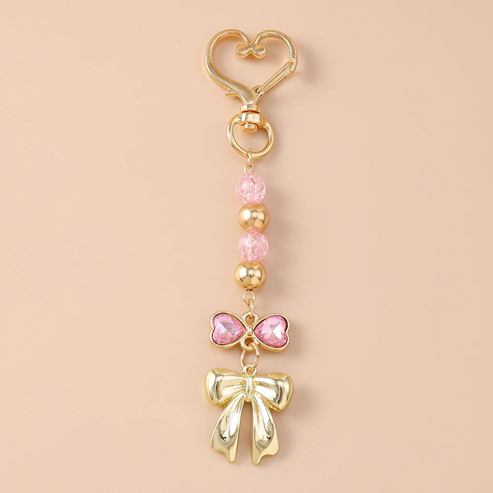 Cute Bowknot Love Heart Keychain Crystal Pearl Key Ring Pendants for Women Girls Handbag Decor DIY Handmade Key Chain Gifts