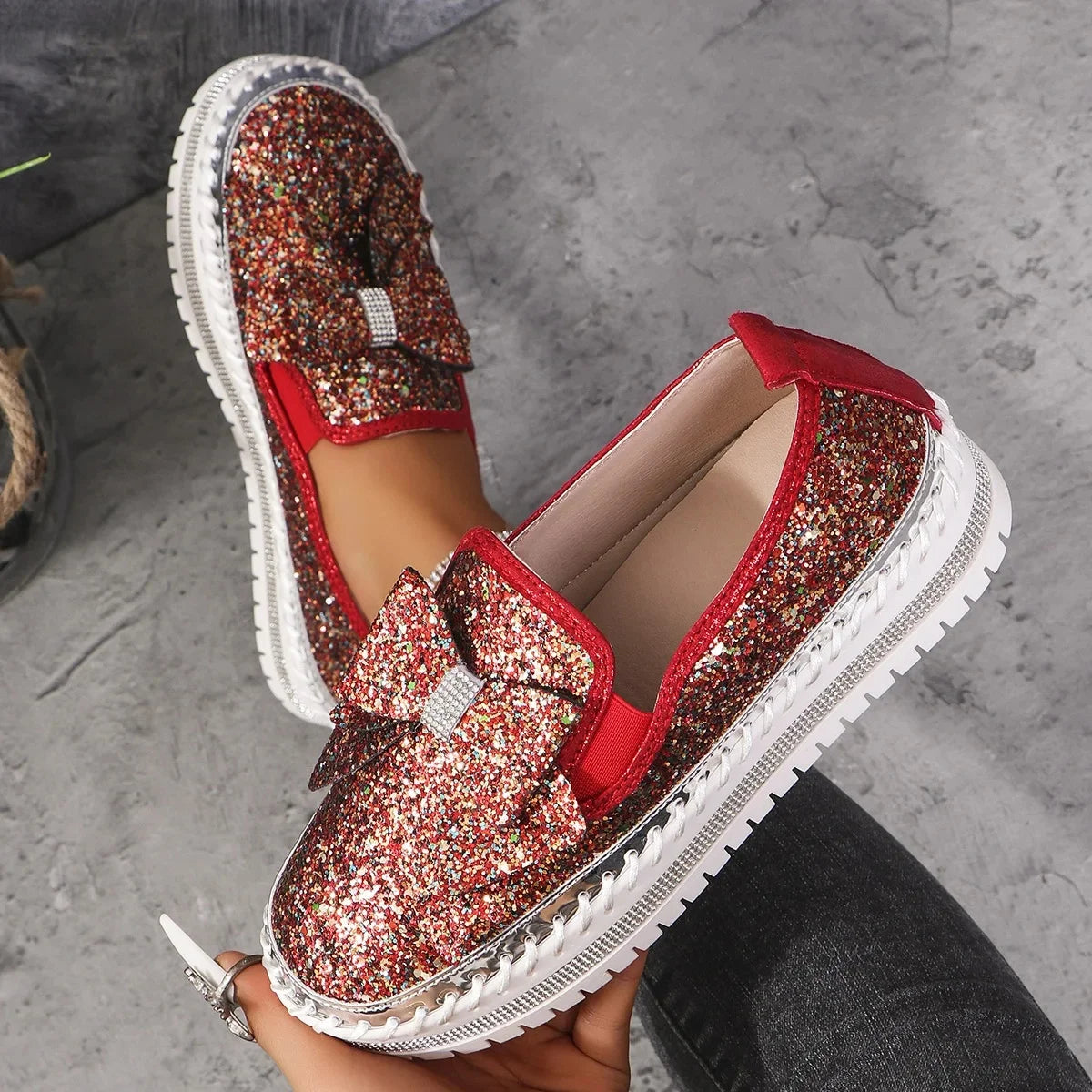 Sparkly Platform Loafers with Bow