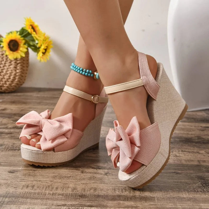 Peep-Toe Strappy Wedge With Bow