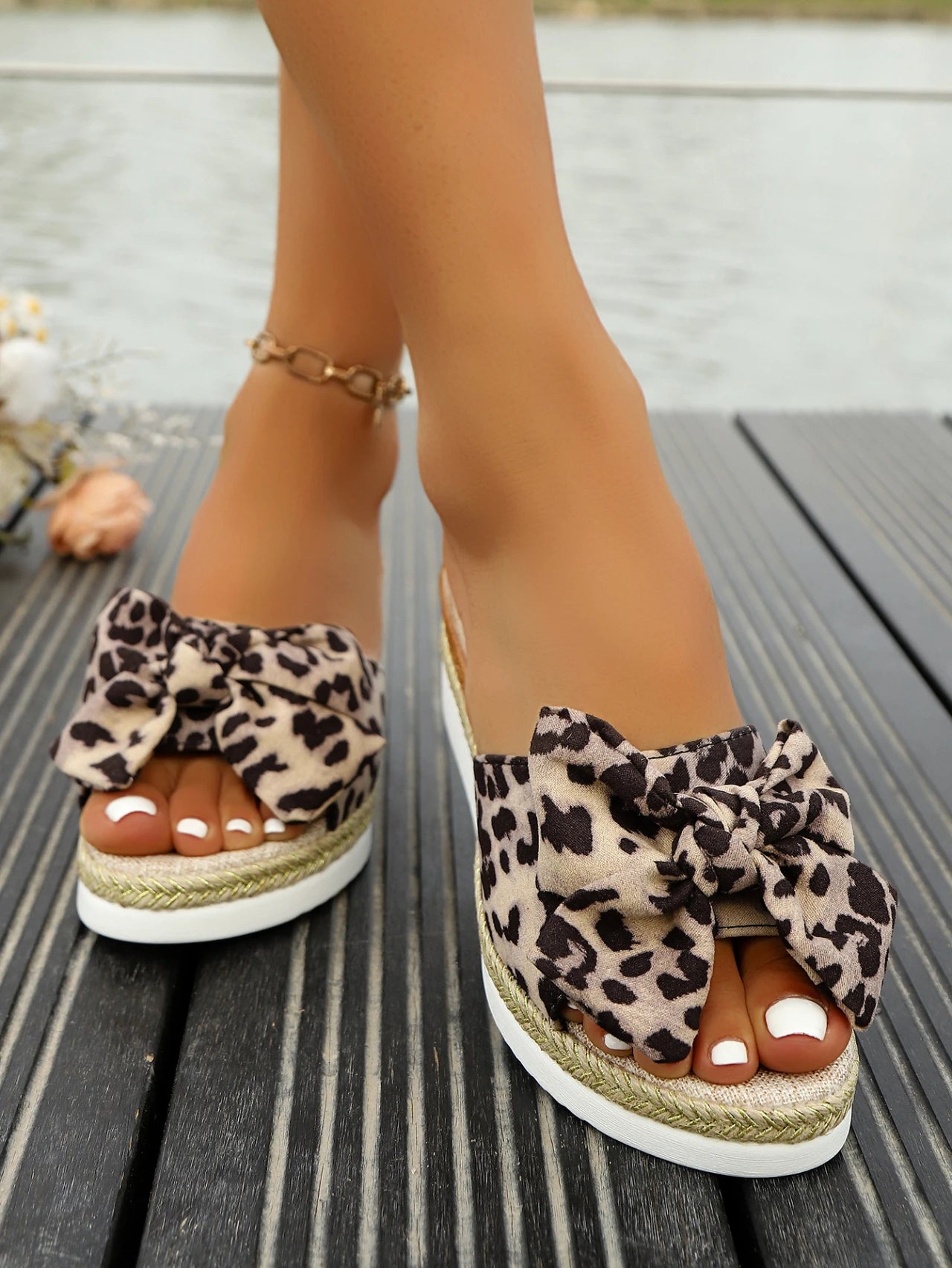 Leopard Wedge Sandles with Bow