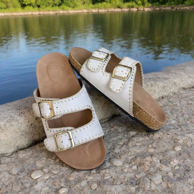 Stitched Soft Leather Sandals with Buckle