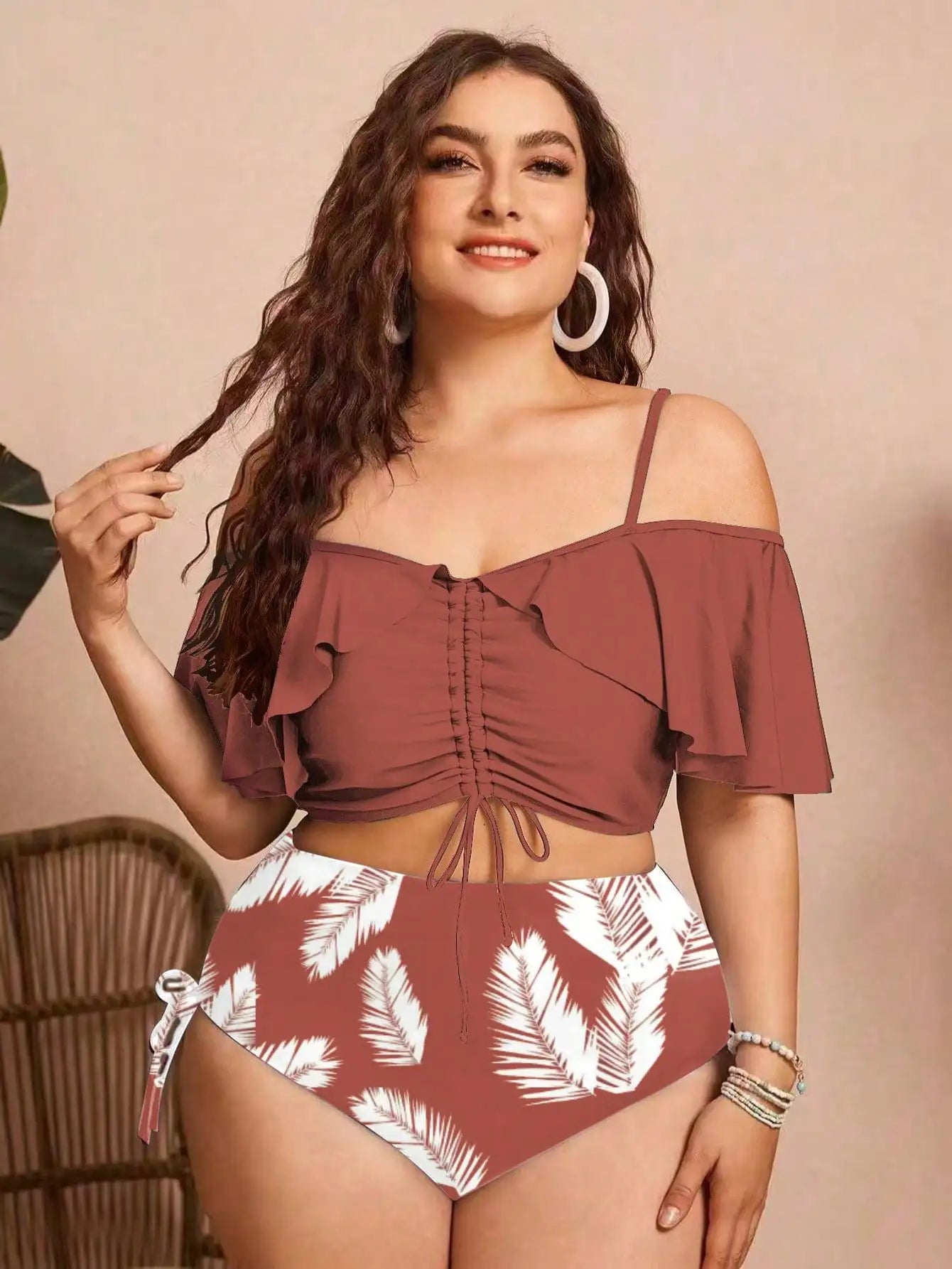 Ruched Ruffle Sleeve Bikini Top&High Waist Ruched Bikini Bottoms