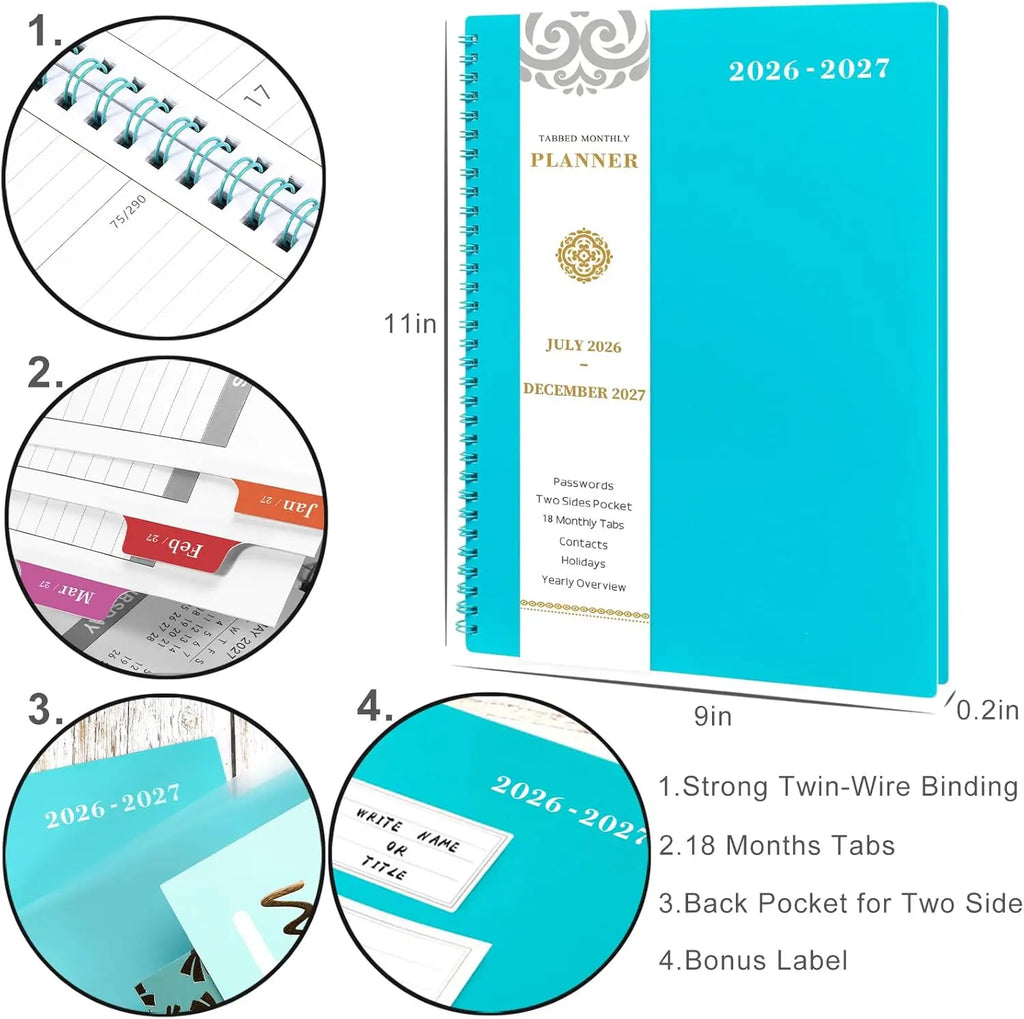 2026-2027 Monthly Planner, 18-Month July 2026-Dec 2027, 9"x11", Twin-Wire, Tabs, Pocket, Blue