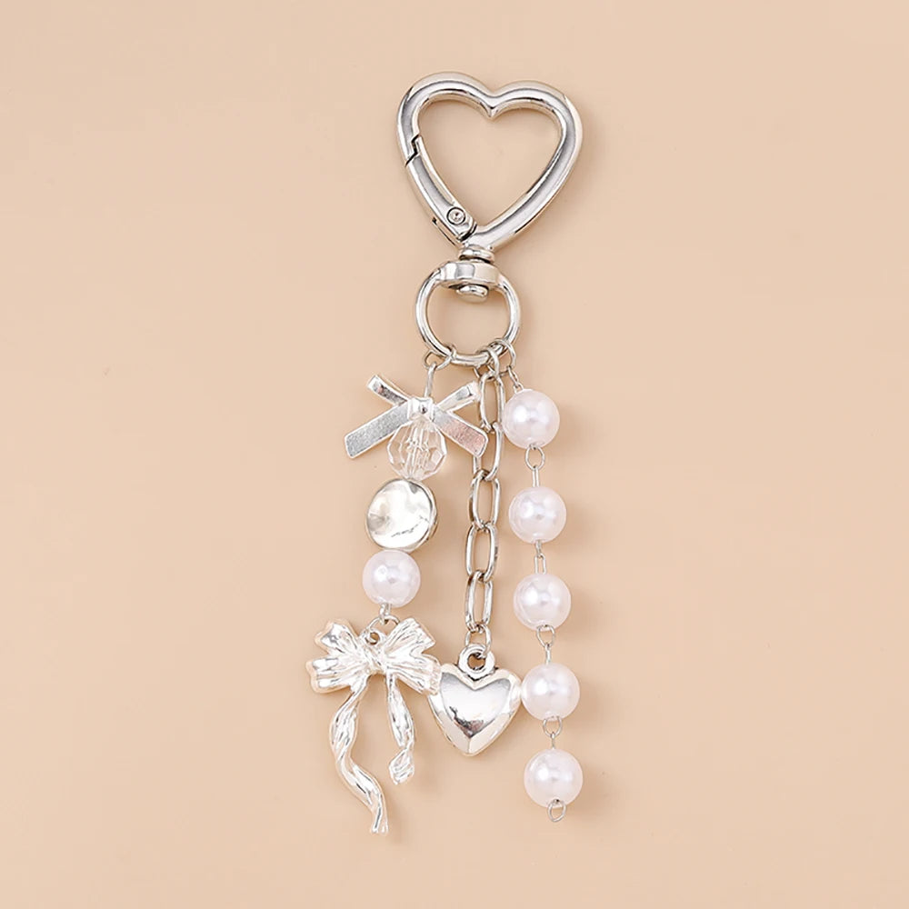 Cute Bowknot Love Heart Keychain Crystal Pearl Key Ring Pendants for Women Girls Handbag Decor DIY Handmade Key Chain Gifts