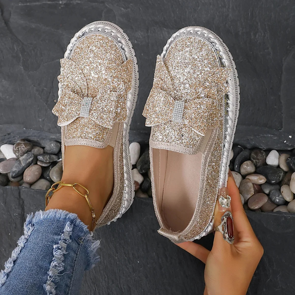 Sparkly Platform Loafers with Bow