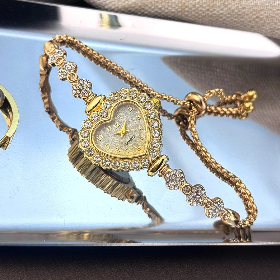 Heart Diamond-Studded Watch with Adjustable Bracelet