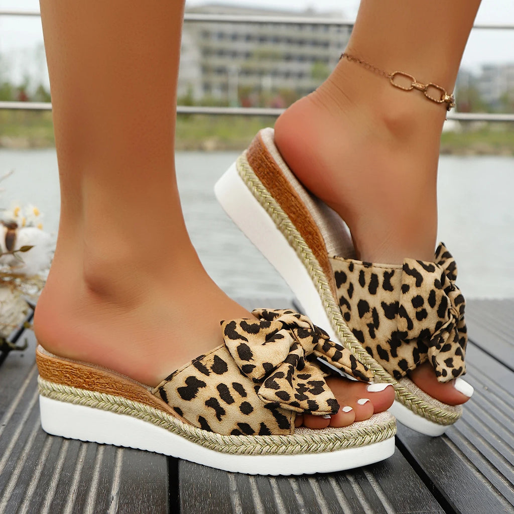Leopard Wedge Sandles with Bow