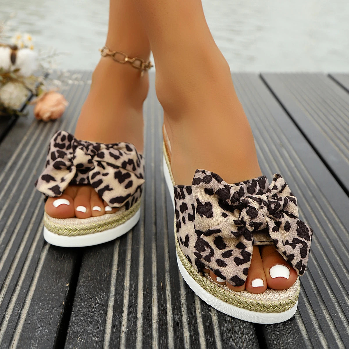Leopard Wedge Sandles with Bow