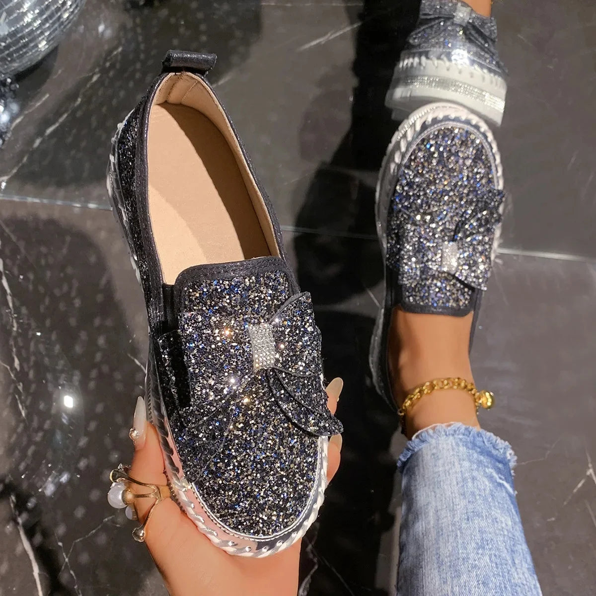 Sparkly Platform Loafers with Bow