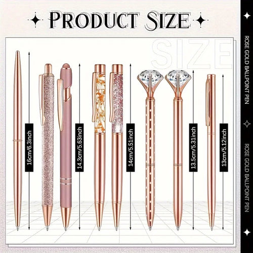 8pcs Rose Golden Ballpoint Pen Set - Stylish Metal Pens with Crystal Accents - Perfect for Students, Office, Gifts, and Weddings