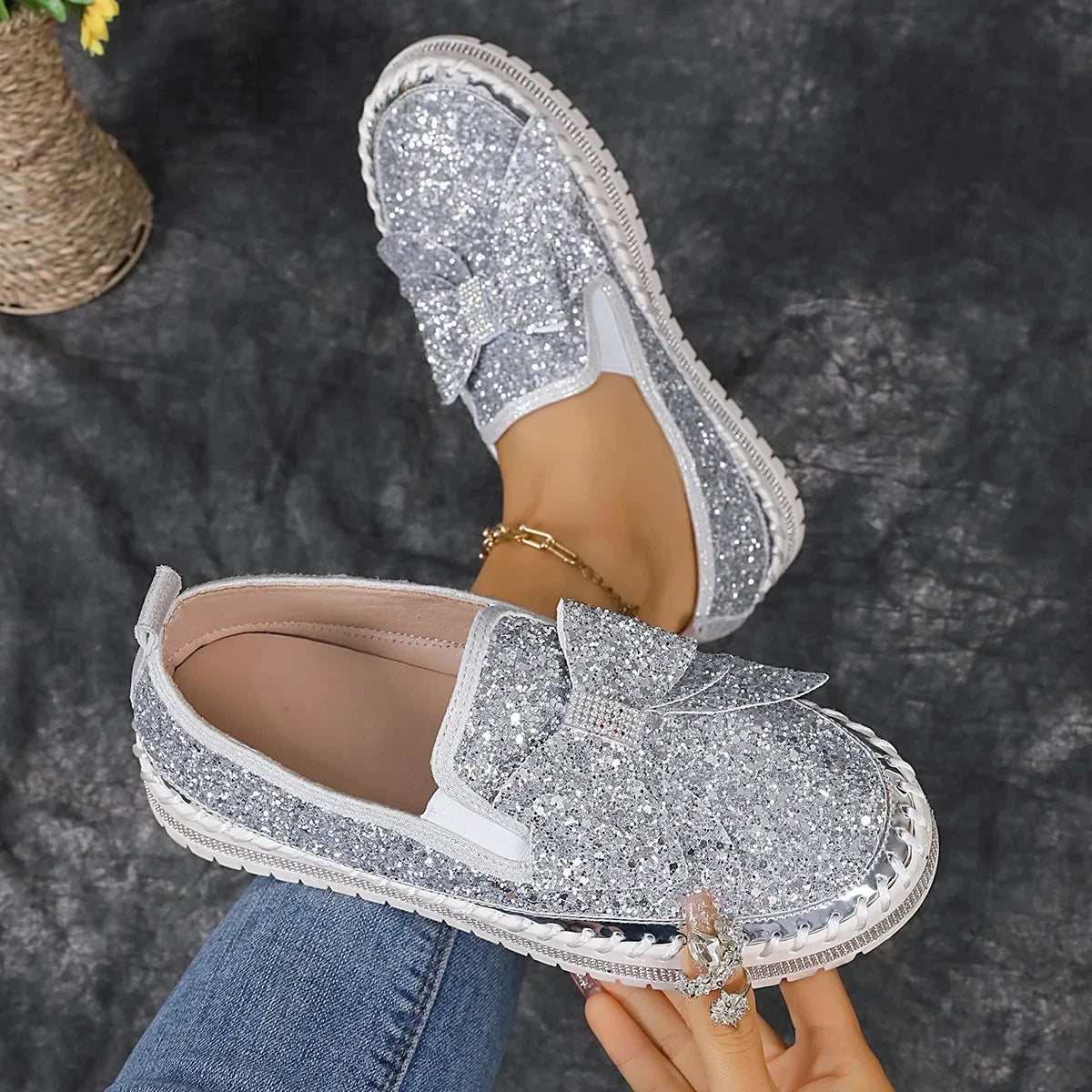 Sparkly Platform Loafers with Bow