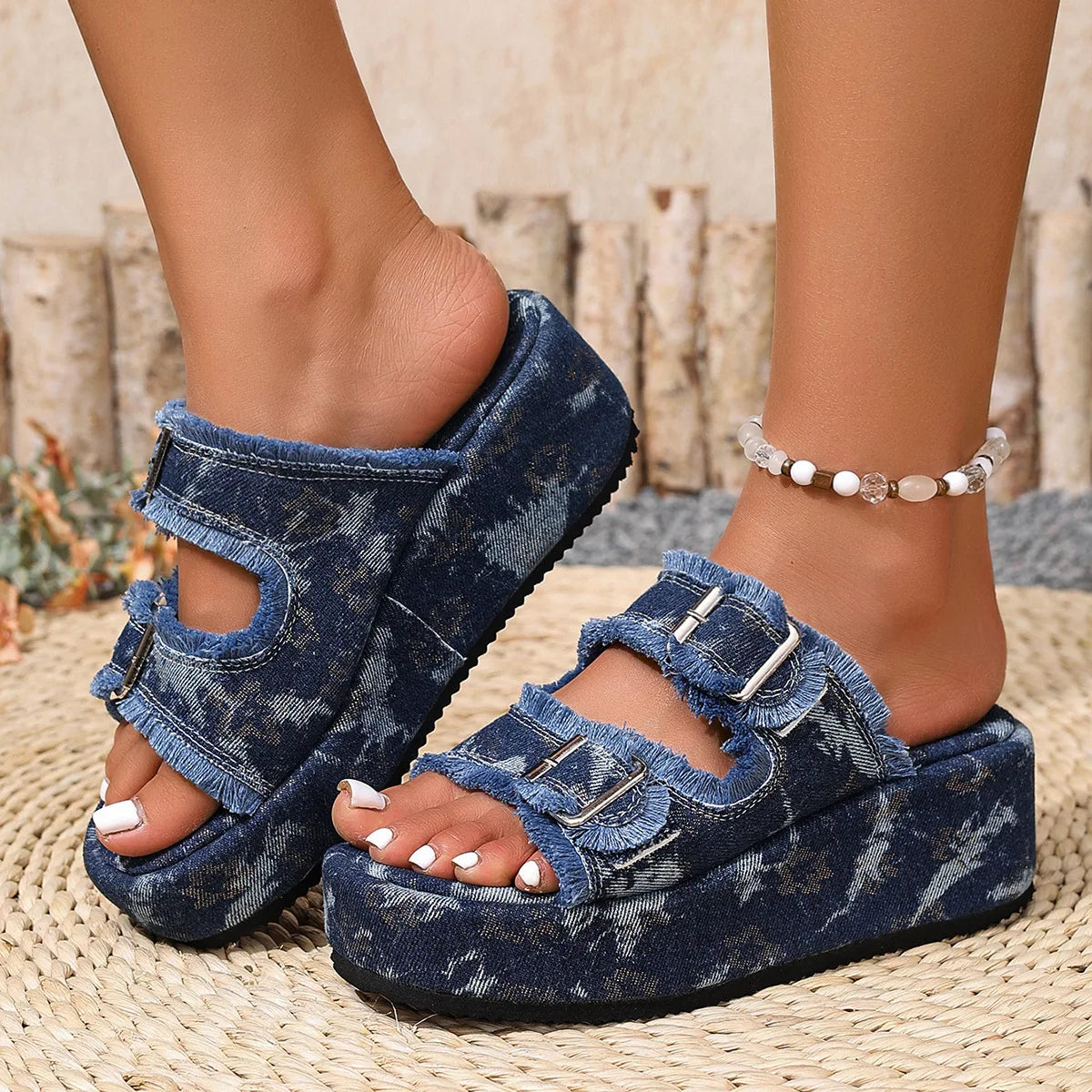Denim Sandals with Adjustable Buckles