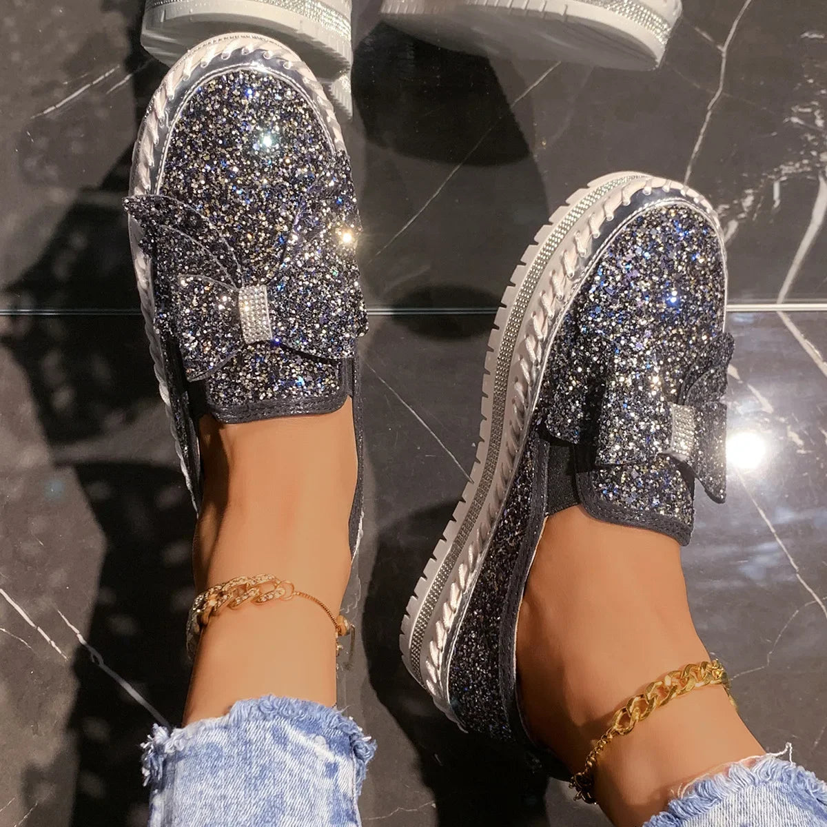 Sparkly Platform Loafers with Bow