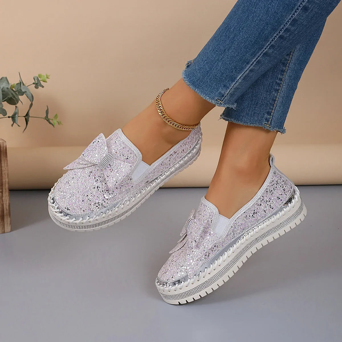 Sparkly Platform Loafers with Bow