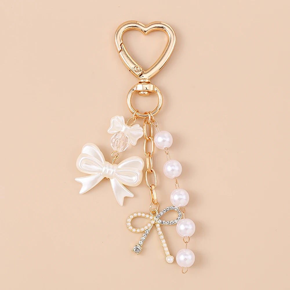 Cute Bowknot Love Heart Keychain Crystal Pearl Key Ring Pendants for Women Girls Handbag Decor DIY Handmade Key Chain Gifts