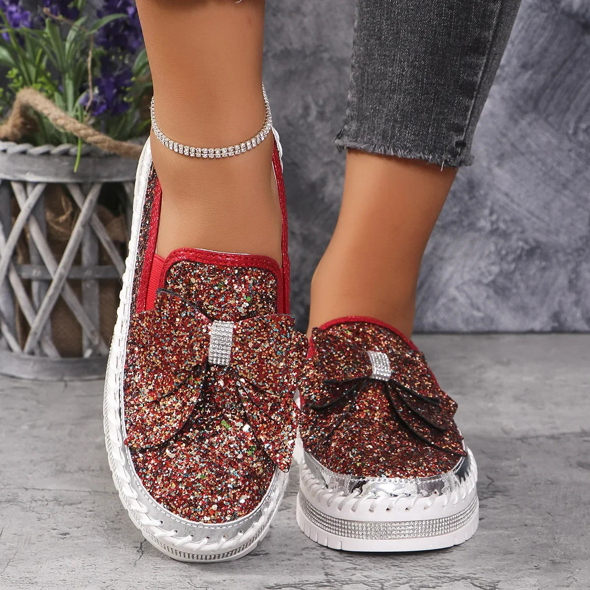 Sparkly Platform Loafers with Bow