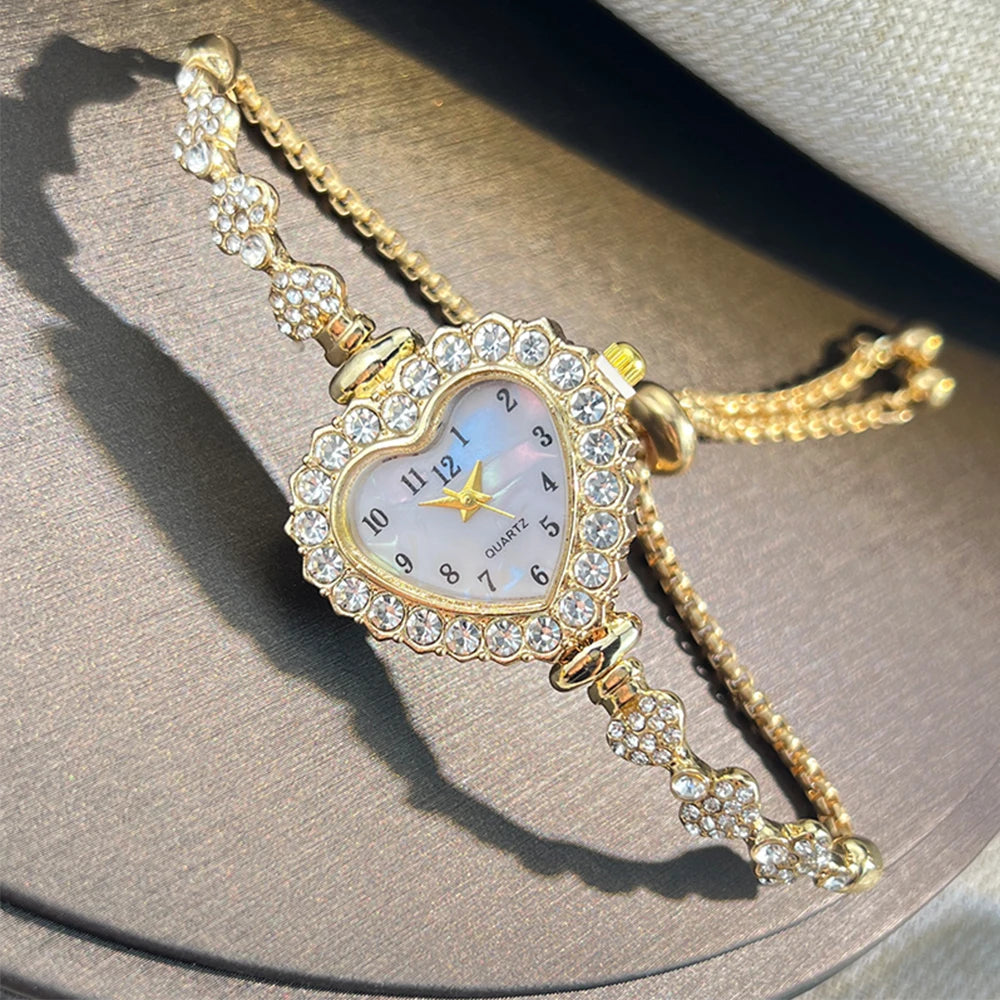 Heart Diamond-Studded Watch with Adjustable Bracelet