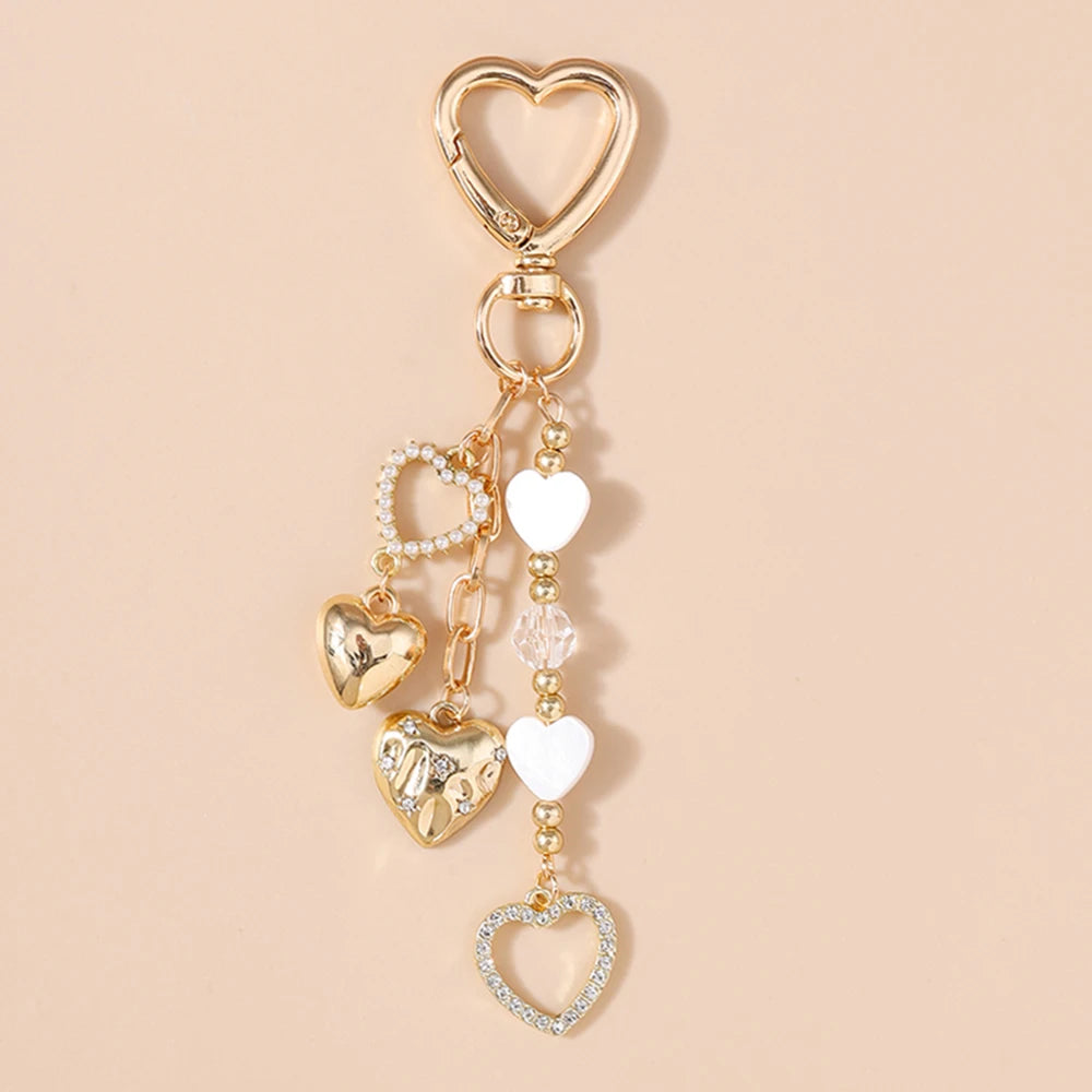 Cute Bowknot Love Heart Keychain Crystal Pearl Key Ring Pendants for Women Girls Handbag Decor DIY Handmade Key Chain Gifts