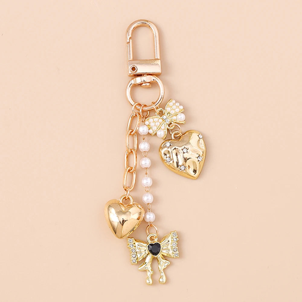 Cute Bowknot Love Heart Keychain Crystal Pearl Key Ring Pendants for Women Girls Handbag Decor DIY Handmade Key Chain Gifts