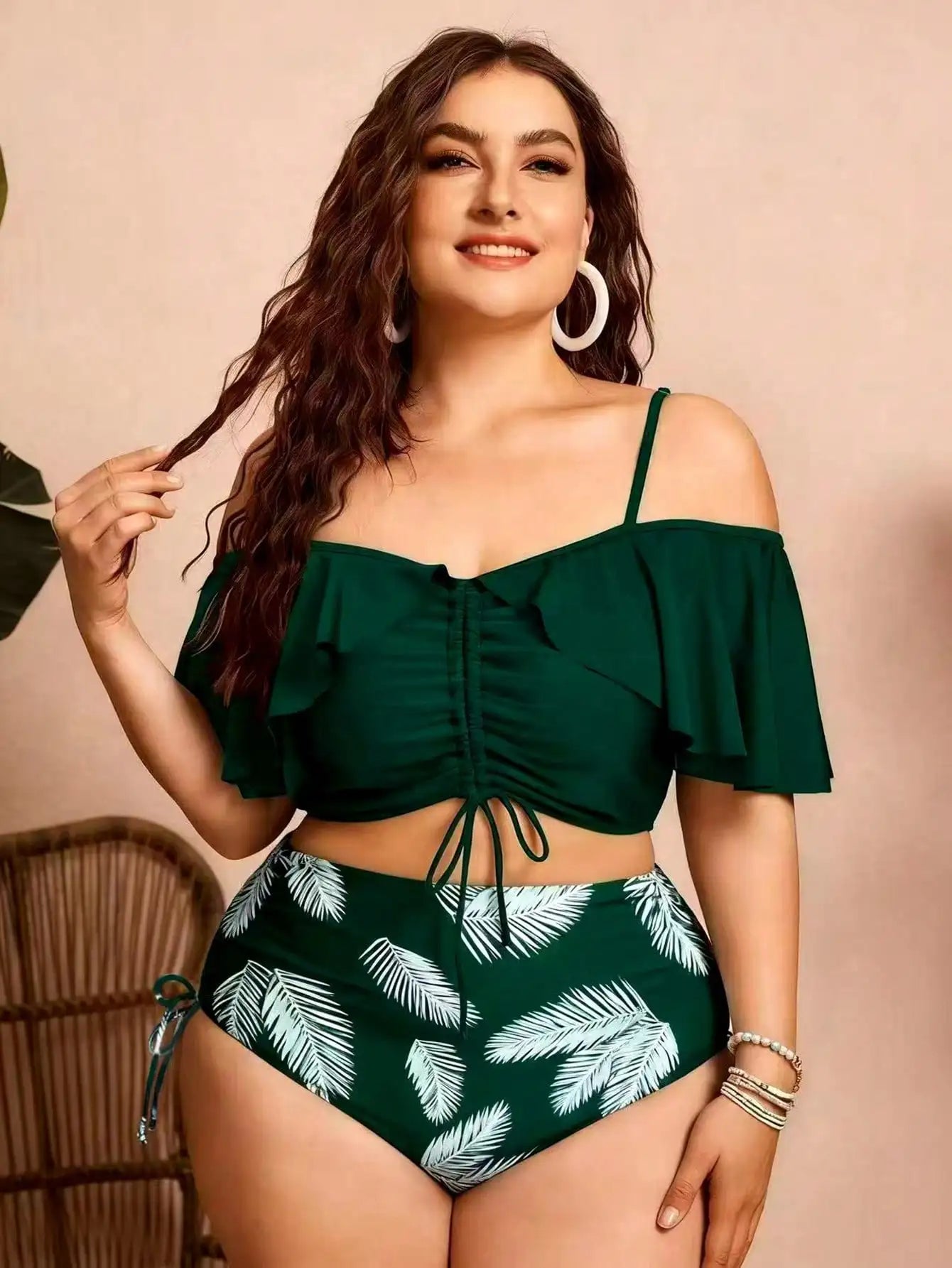 Ruched Ruffle Sleeve Bikini Top&High Waist Ruched Bikini Bottoms