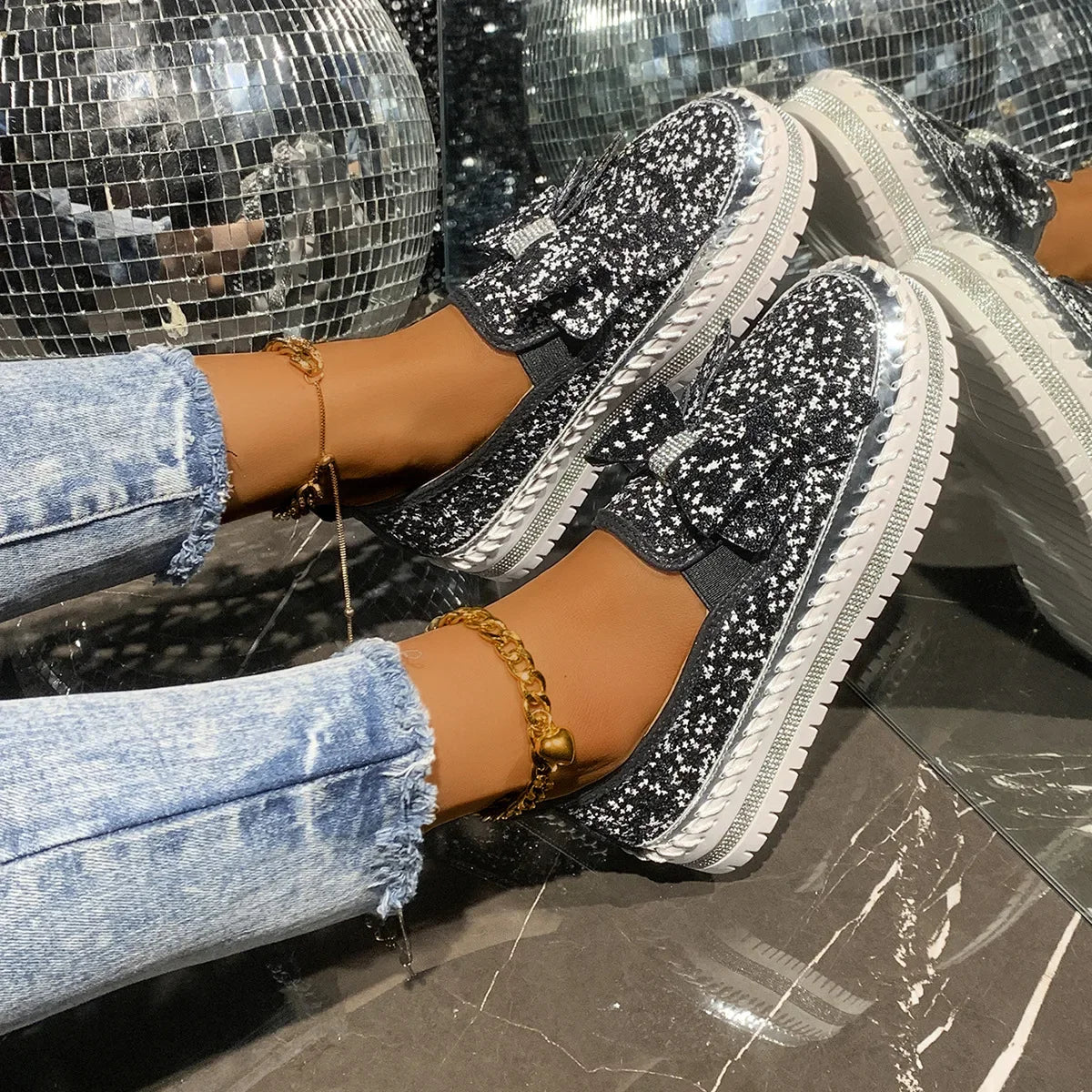 Sparkly Platform Loafers with Bow