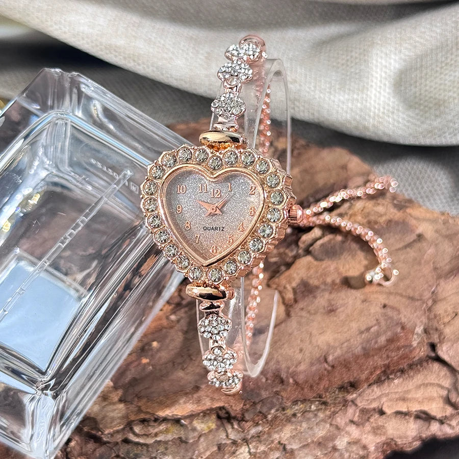 Heart Diamond-Studded Watch with Adjustable Bracelet