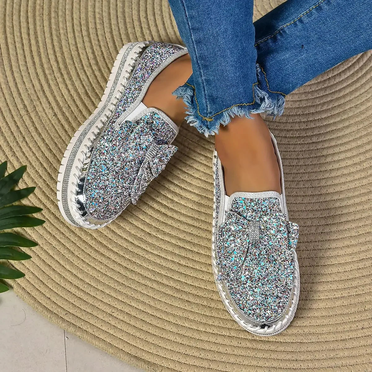 Sparkly Platform Loafers with Bow