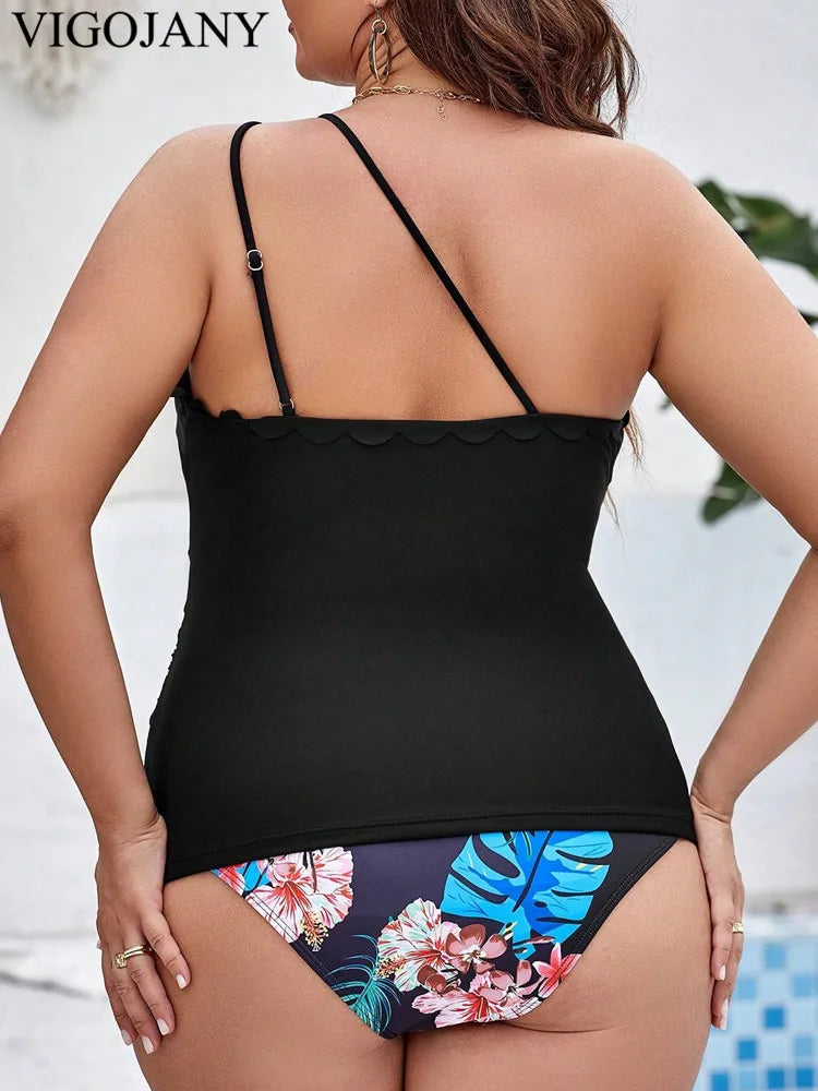 One Strap Tankini Top&High Waist Bikini Bottoms
