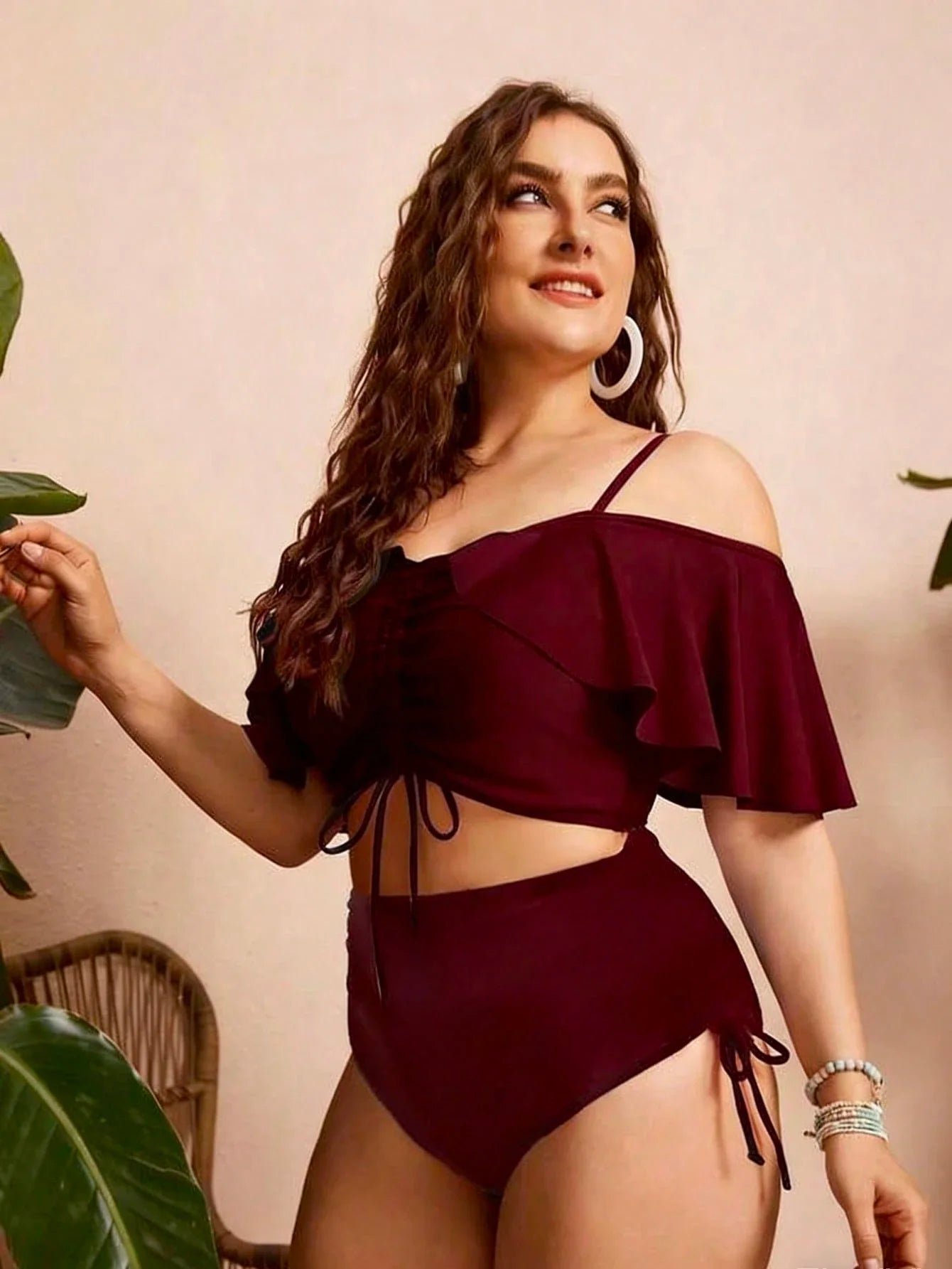 Ruched Ruffle Sleeve Bikini Top&High Waist Ruched Bikini Bottoms