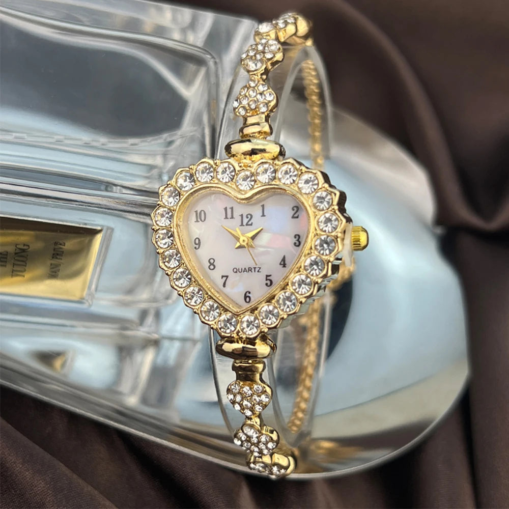 Heart Diamond-Studded Watch with Adjustable Bracelet