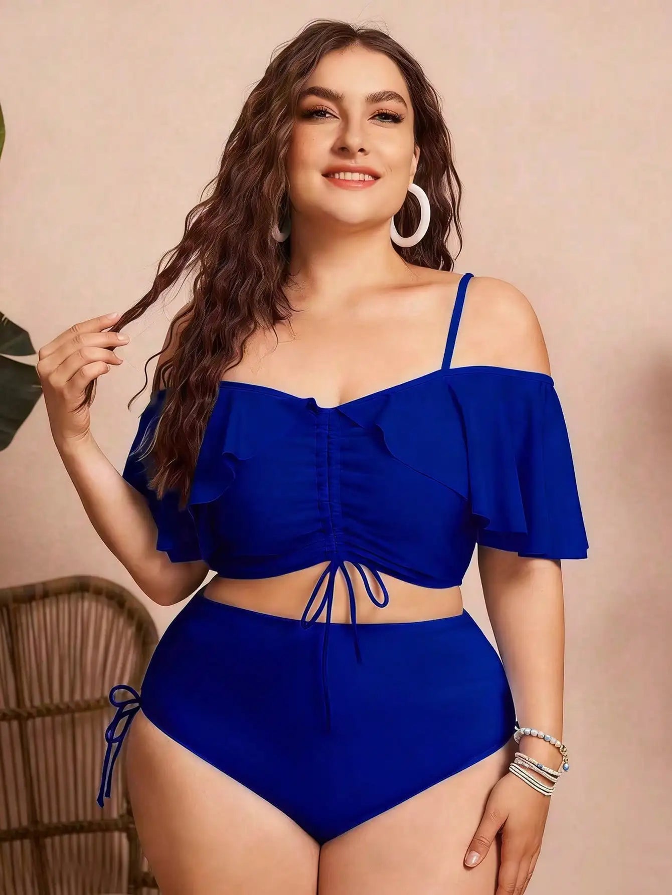 Ruched Ruffle Sleeve Bikini Top&High Waist Ruched Bikini Bottoms