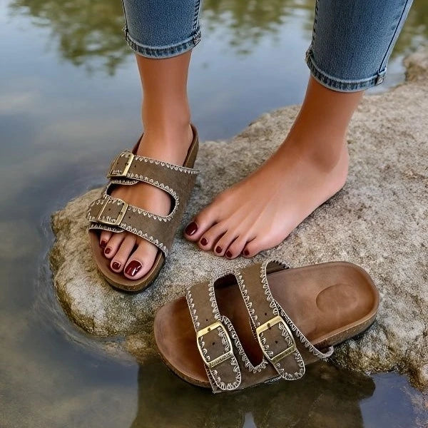 Stitched Soft Leather Sandals with Buckle