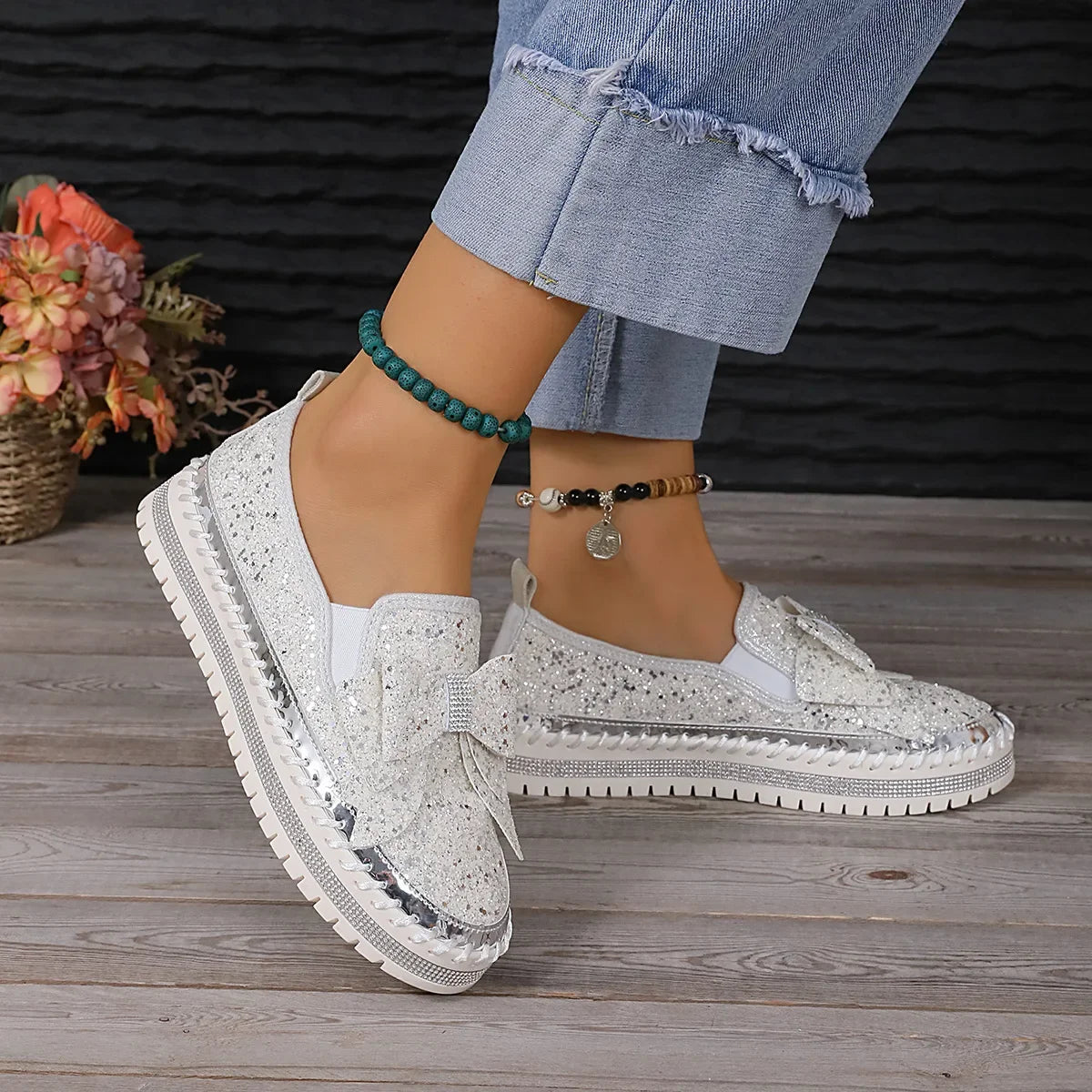 Sparkly Platform Loafers with Bow