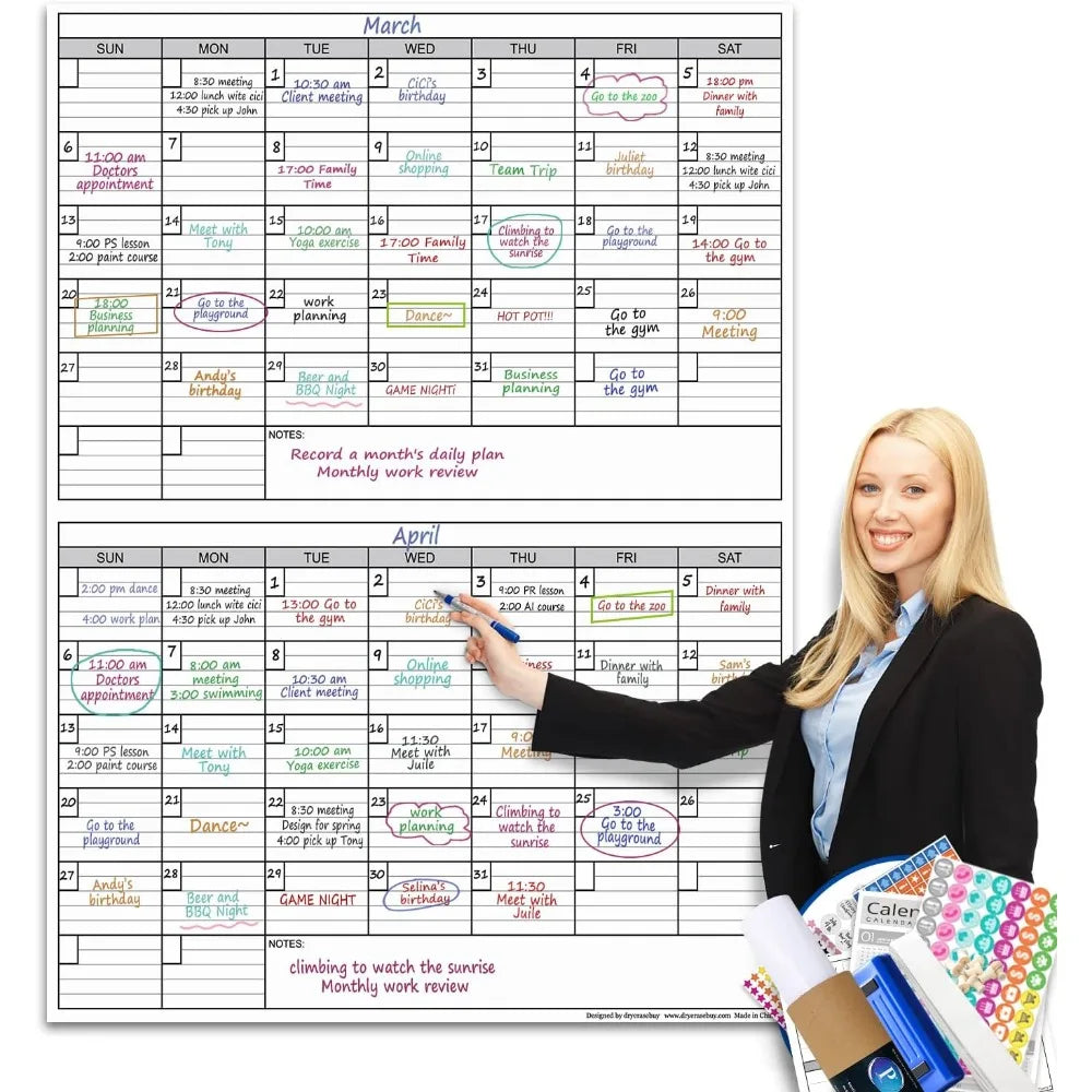 Rewritable Bimonthly Laminated Giant Wall Calendar Whiteboard (38 "× 47") 60-Day Family Schedule Planning Poster (Reusable)