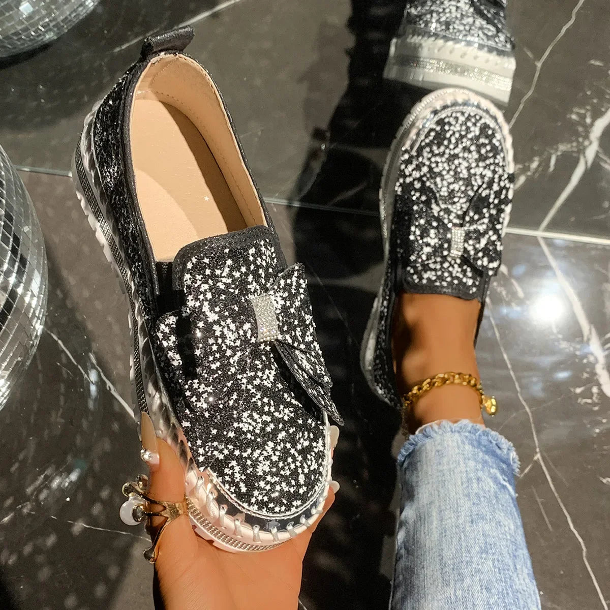 Sparkly Platform Loafers with Bow