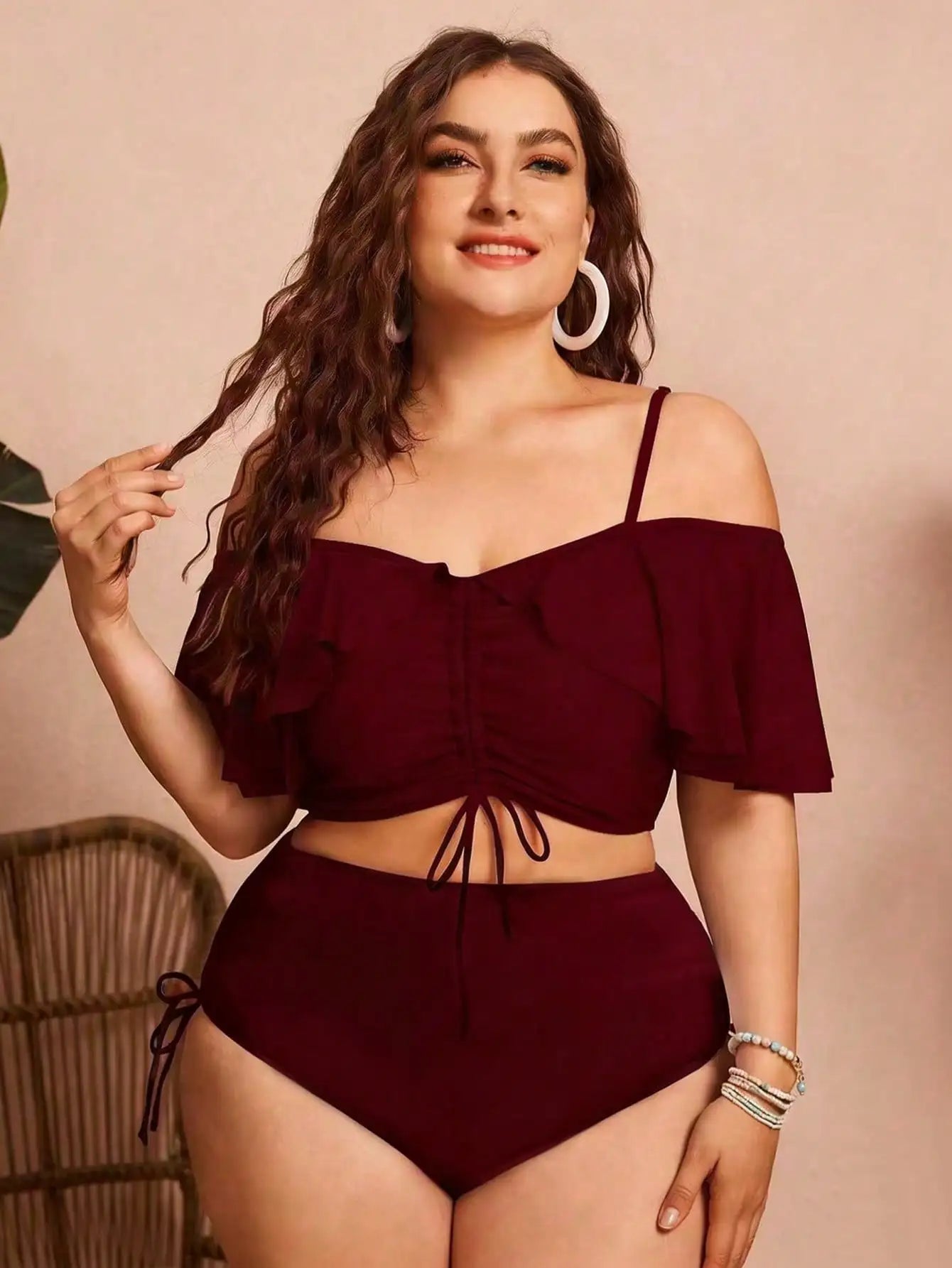 Ruched Ruffle Sleeve Bikini Top&High Waist Ruched Bikini Bottoms