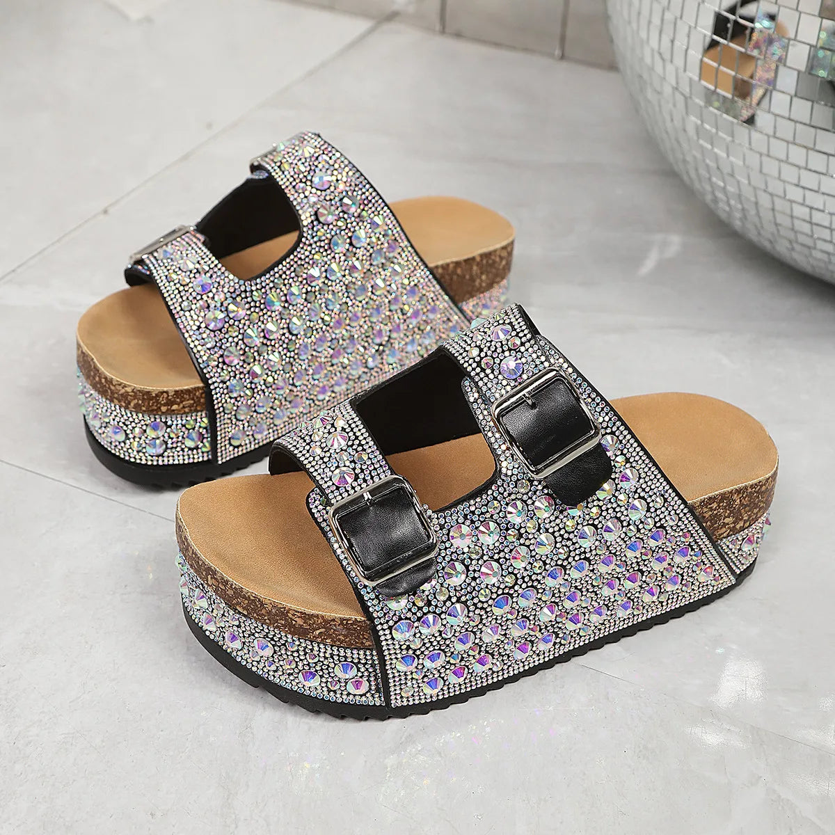 Platform Rhinestone Sandals with Buckles