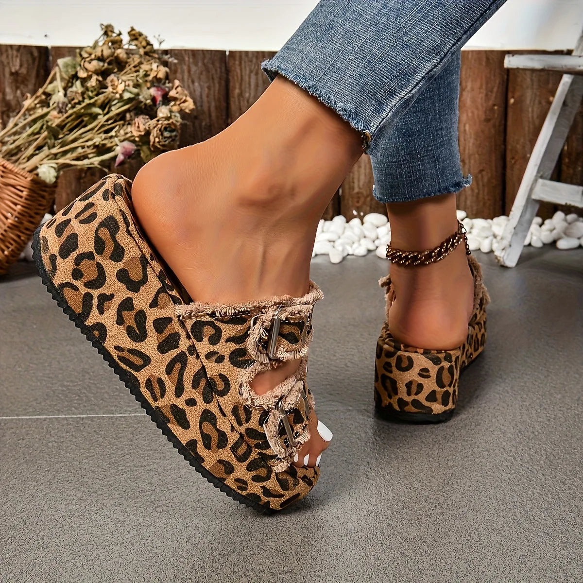 Denim Sandals with Adjustable Buckles