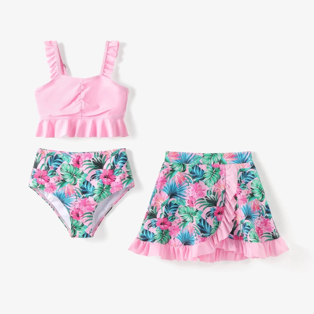 Girls 3 Piece Ruffle Tankini Swimsuit, Tropical Floral Bathing Suit with Skirt for Kids