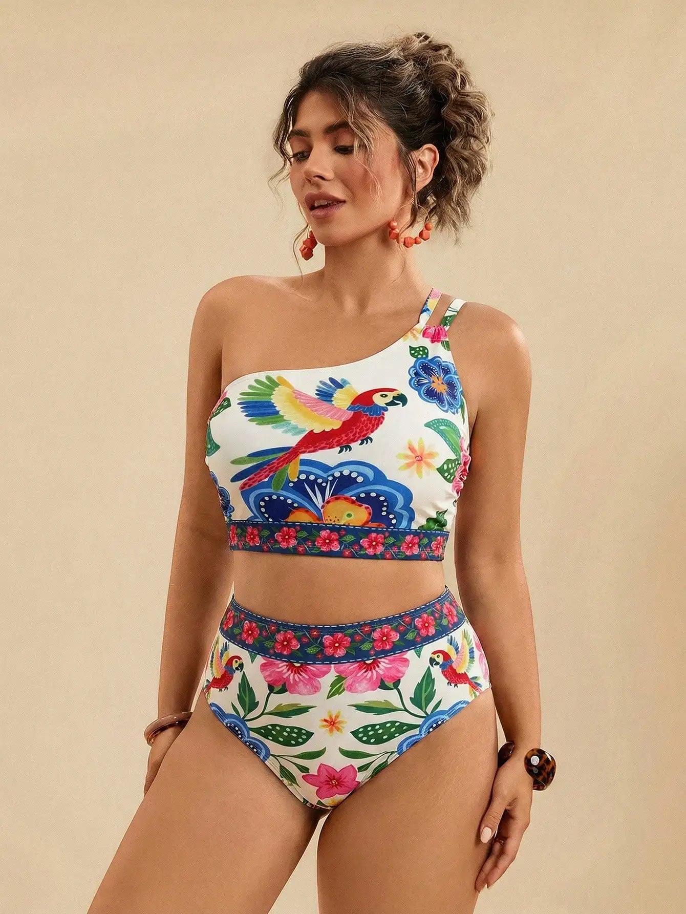Floral Print Asymmetric Neck Bikini Set Women High Waist Beach Swimwear