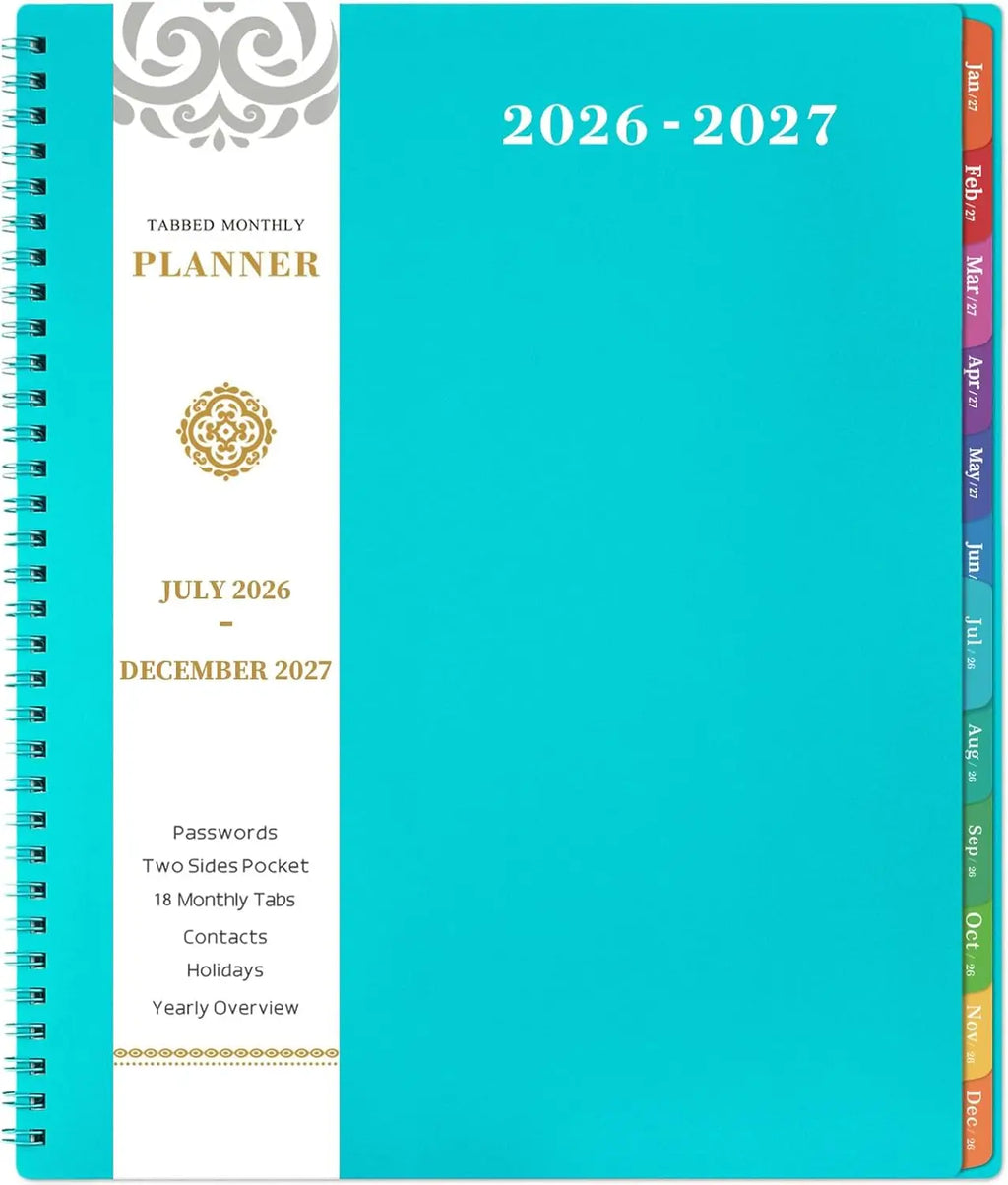 2026-2027 Monthly Planner, 18-Month July 2026-Dec 2027, 9"x11", Twin-Wire, Tabs, Pocket, Blue