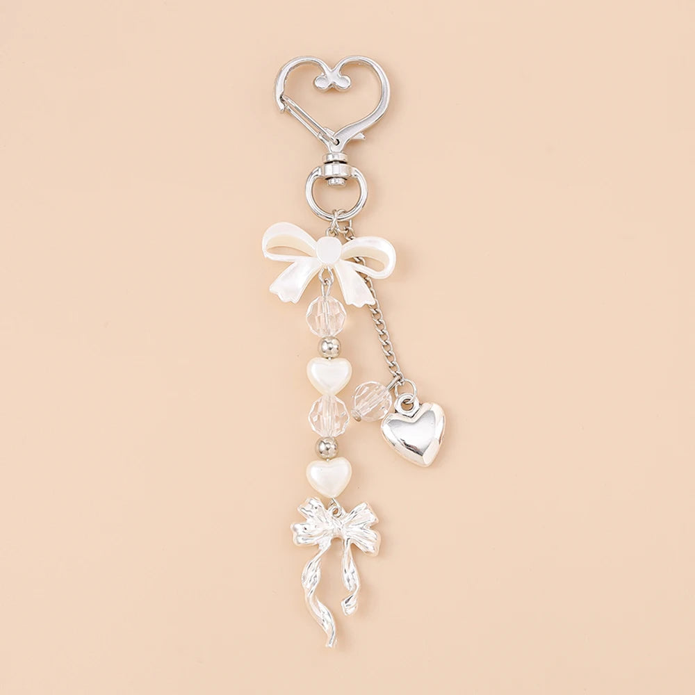Cute Bowknot Love Heart Keychain Crystal Pearl Key Ring Pendants for Women Girls Handbag Decor DIY Handmade Key Chain Gifts