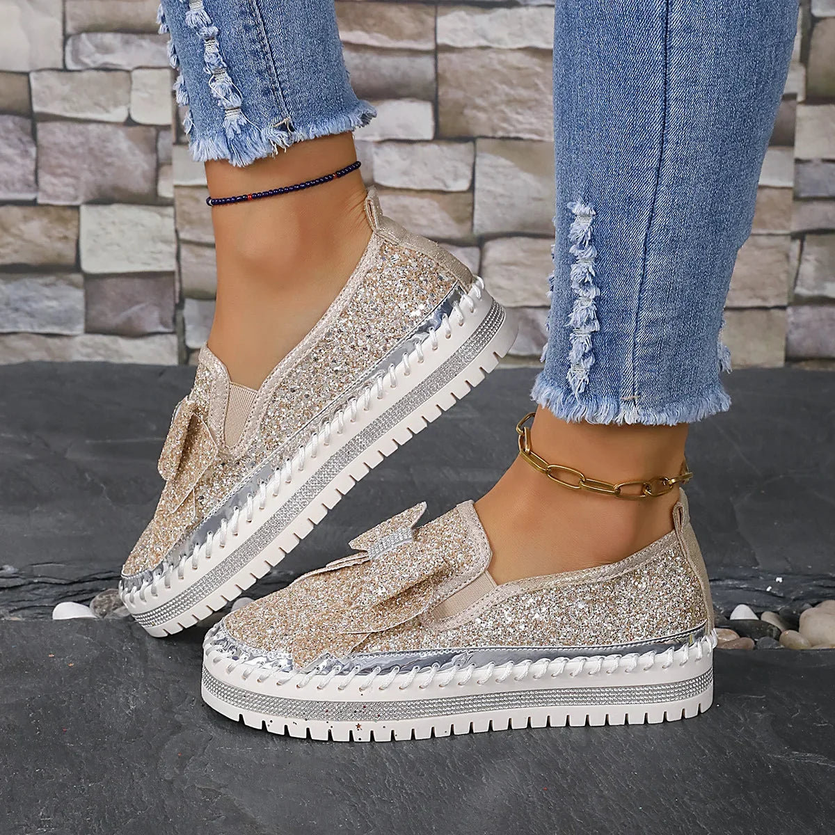 Sparkly Platform Loafers with Bow