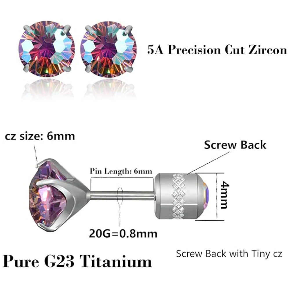 Implant Grade Pure Titanium Stud Earrings with Cubic Zirconia Inlay