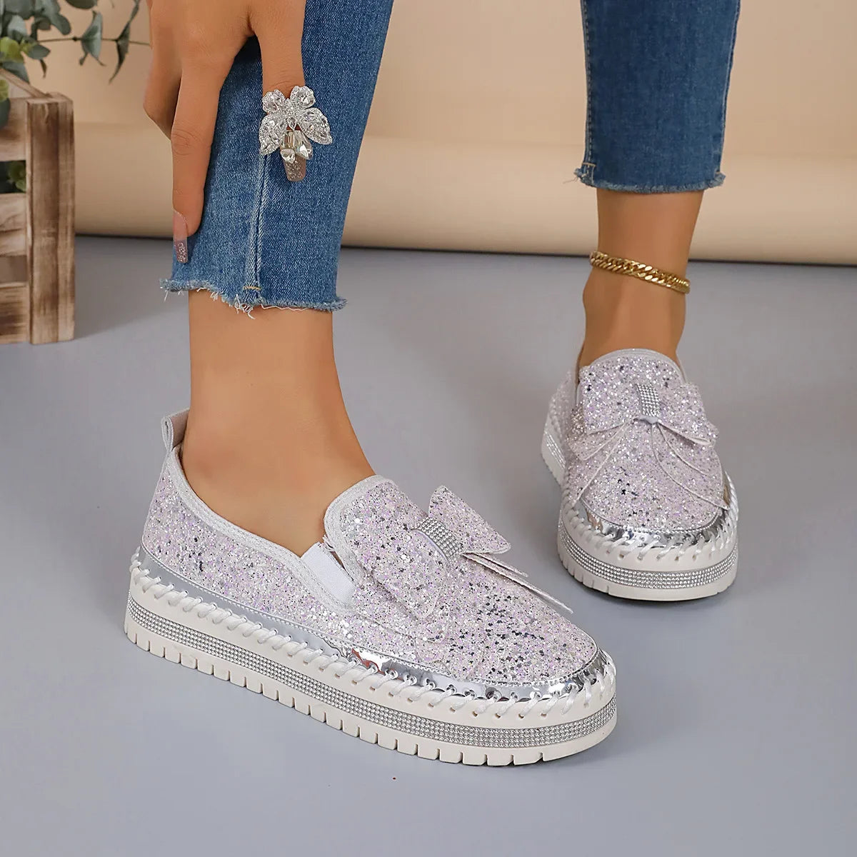 Sparkly Platform Loafers with Bow