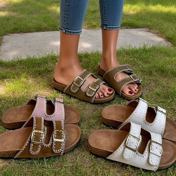 Stitched Soft Leather Sandals with Buckle