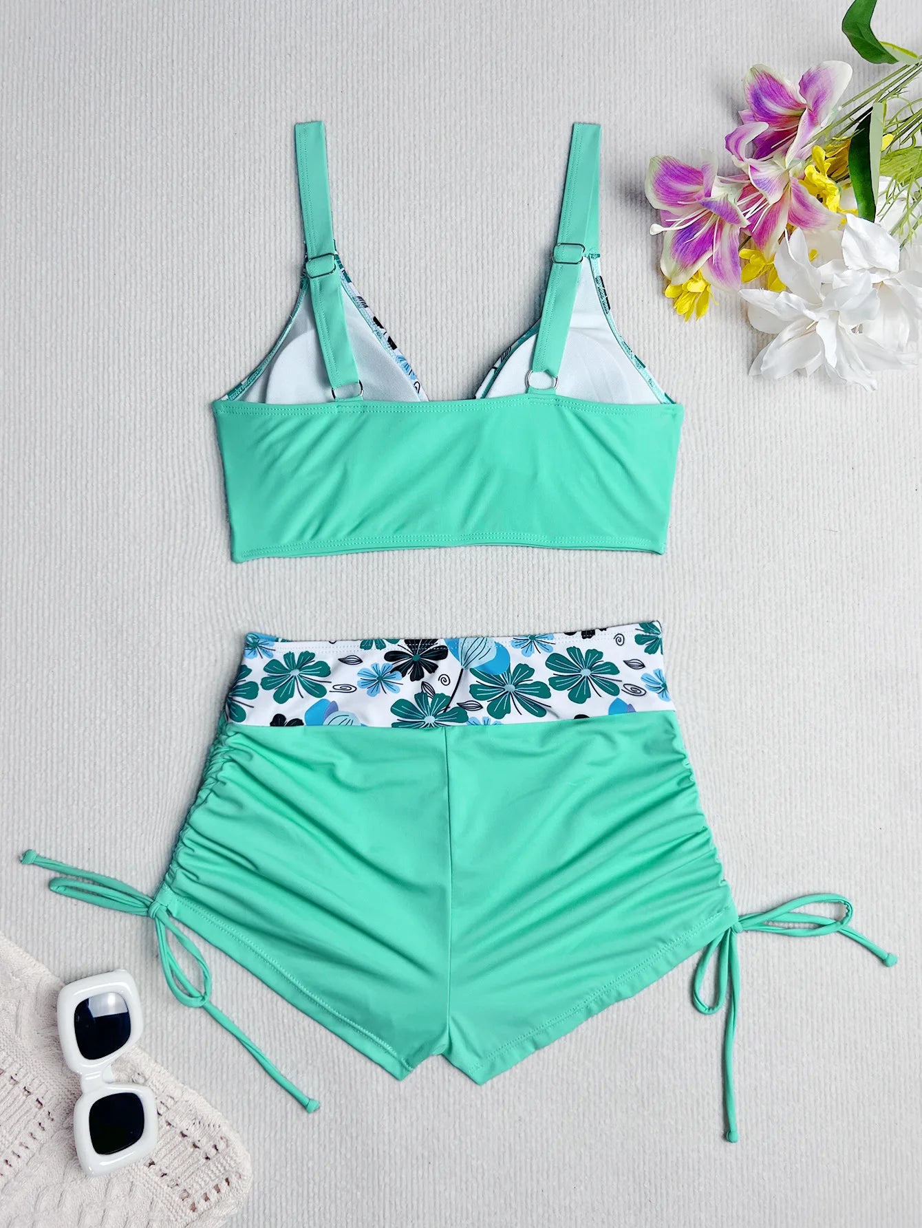 Floral Bikini Top&High Waist Swim Shorts